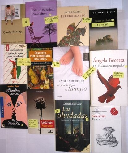 Metí 12 libros en mi maleta,traquetearon durante el viaje,y al abrirla,me mostraron lo que no quería ver:ya no me amas.Por eso te devuelvo la carta.Firmin. (Leer la foto:títulos libros y palabras)