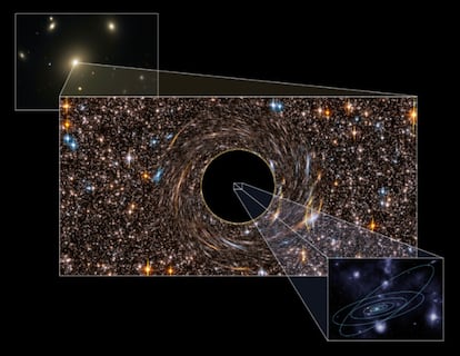Ilustración del agujero negro de la galaxia NGC3842 (sobre una foto de la misma). El agujero es siete veces mayor que la órbita de Plutón.