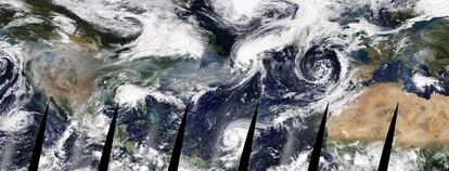 Imagen de los huracanes, tormentas tropicales y el humo de los incendios de EE UU del 16 de septiembre obtenida a través de la herramienta Worldview de la NASA.