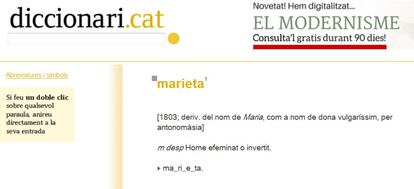 Diccionari.cat amb el terme 'marieta' sense modificar.