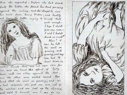 Dos páginas del manuscrito original de <i>Las aventuras de Alicia bajo tierra,</i> digitalizado por la Biblioteca Británica.