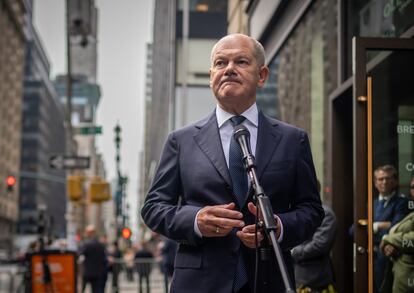 Olaf Scholz, en una rueda de prensa este lunes en Nueva York.