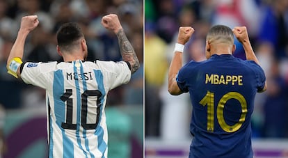 Lionel Messi celebra su tercer gol frente a Croacia el día 13 (izquierda) y Mbappé, el paso a final, el día 11.