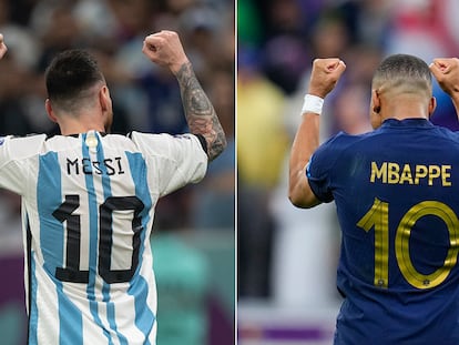 Lionel Messi celebra su tercer gol frente a Croacia el día 13 (izquierda) y Mbappé, el paso a final, el día 11.