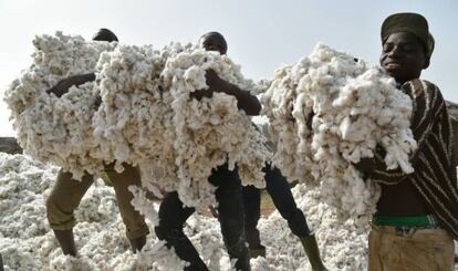 Agricultores marfileños llevan algodón, en el pueblo de Kanawolo cerca de la ciudad norteña de Korhogo.