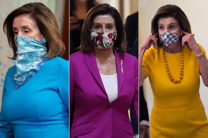 Nancy Pelosi - El uso de las mascarillas se ha convertido en una guerra política en Estados Unidos, reforzando la brecha social entre republicanos –que se niegan a llevarlas– y demócratas. Mientras el presidente Trump prescinde de ellas y ha calificado de “débiles” a quienes las llevan, Nancy Pelosi, presidenta de la Cámara de Representantes y enemiga acérrima del magnate, ya domina el arte de conjuntar mascarillas o bandanas con sus diferentes looks.