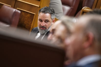 El líder de Vox, Santiago Abascal, durante la sesión plenaria extraordinaria en el Congreso de los Diputados, el pasado 22 de julio.
