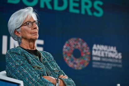 La presidenta del BCE, Christine Lagarde, durante un encuentro organizado por el Banco Mundial y el FMI en Washington, este martes.