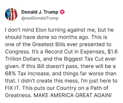 Mensaje de Donald Trump publicado en la red social 'Truth Social' este 5 de Junio.