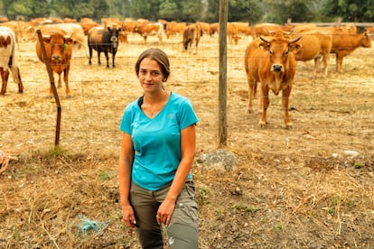 Ángela Membrive, ganadera de 29 años, junto a su ganado, en Sanabria, este miércoles.