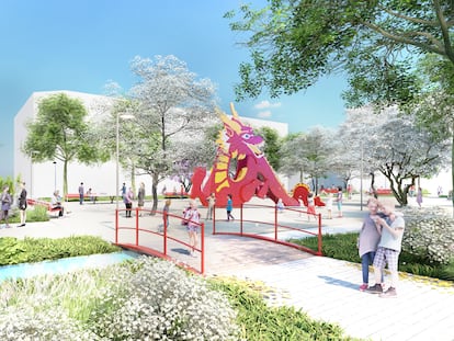 'Render' del proyecto 'Chinatown' que comenzará obras en Usera antes de la primavera. Así quedaría la plaza de las Tizas.