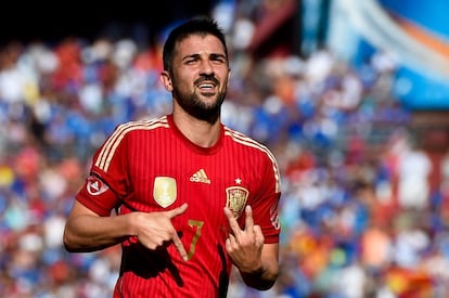 David Villa celebra un gol con España durante un partido amistoso ante El Salvador el 7 de junio de 2014 en Landover, Maryland.