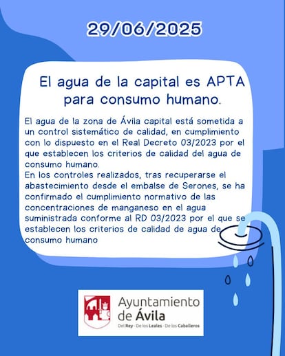 Comunicado del Ayuntamiento de Ávila informando del estado del agua.