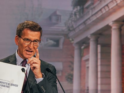 El presidente del PP, Alberto Núñez Feijóo, durante la presentación de su programa electoral para el 23-J.