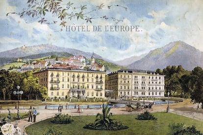 Postal del Europäischer Hof de Baden-Baden, antes era el Hôtel de l’Europe.