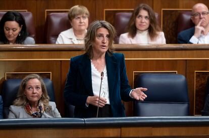 Las vicepresidentas Teresa Ribera (derecha) y Nadia Calviño (izquierda), este miércoles en el Congreso.