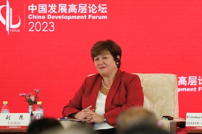 La directora gerente del Fondo Monetario Internacional, Kristalina Georgieva, este domingo en el foro de Pekín en el que ha participado.