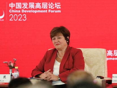La directora gerente del Fondo Monetario Internacional, Kristalina Georgieva, este domingo en el foro de Pekín en el que ha participado.