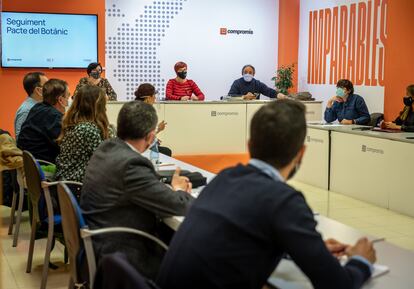 Reunión de la comisión de seguimiento del pacto del Botànic, que hoy se ha celebrado en la sede de Compromís.