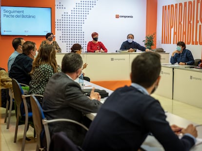 Reunión de la comisión de seguimiento del pacto del Botànic, que hoy se ha celebrado en la sede de Compromís.