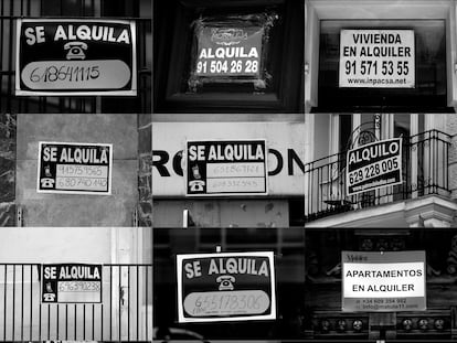 Carteles de alquiler de viviendas en Madrid.