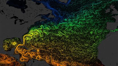 Pictured is the complex circulatory system of currents in the North Atlantic. The orange tones show warmer waters, and the greens and blues show colder waters. 