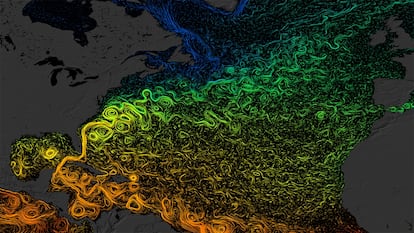 Pictured is the complex circulatory system of currents in the North Atlantic. The orange tones show warmer waters, and the greens and blues show colder waters. 