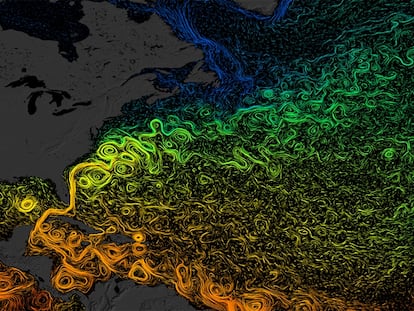 En la imagen, el complejo sistema circulatorio de las corrientes en el Atlántico norte. Los tonos anaranjados muestran aguas más cálidas y los verdes y azules las más frías.