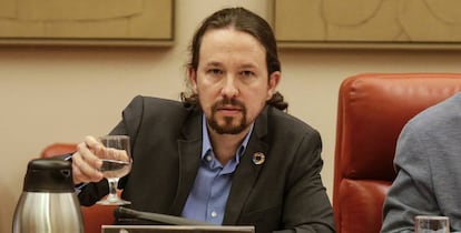 Pablo Iglesias durante su comparecencia hoy jueves en el Congreso de los Diputados