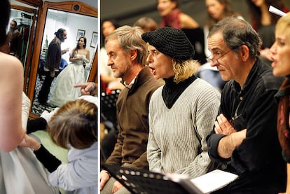 A la izquierda, la actriz Joana Estebanell junto a Antonio Belart, en una prueba de vestuario. A la derecha, Carlos Hipólito, Vicky Peña, Pep Molina y Muntsa Rius, en un ensayo de <i>Follies</i>.