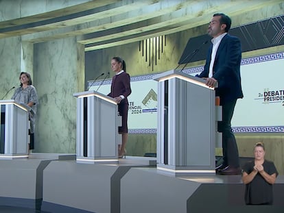 Candidatos presidenciales durante el segundo debate electoral, el 28 de abril 2024.