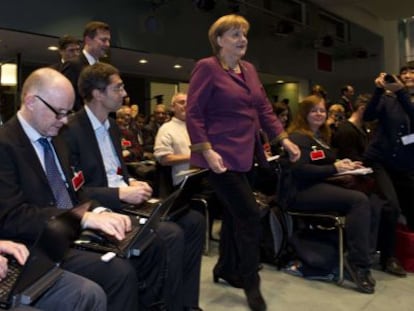 Merkel, a su llegada al encuentro con la prensa extranjera en Alemania.