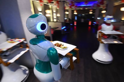 Robot waiters at a restaurant in Kathmandu.