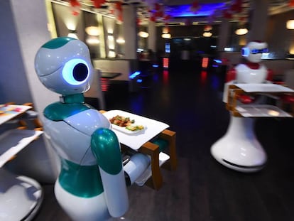 Robot waiters at a restaurant in Kathmandu.