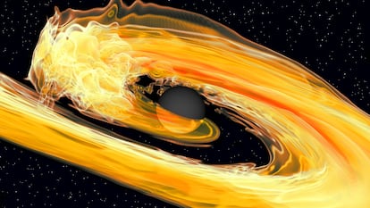 Representação da fusão entre um buraco negro, no centro, e uma estrela de nêutrons.