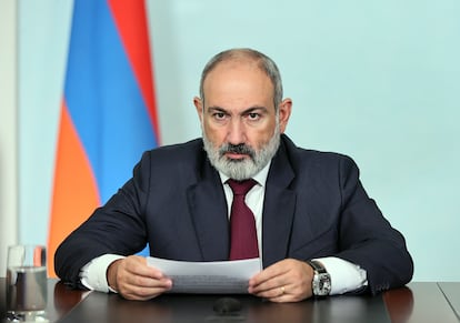 Armenian Prime Minister Nikol Pashinyan addresses the nation on September 24, 2023. 