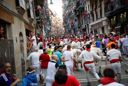 Los toros de La Palmosilla, a su paso por la curva de la calle de Mercaderes, durante los Sanfermines 2019.