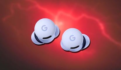 Google Pixel Buds 2a con fondo de color rojo