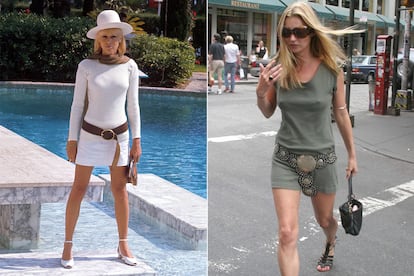 La combinación de vestido de algodón con gran cinturón, que tanto le gustaba a Pallenberg, ha sido también una constante en el estilo de Kate Moss.