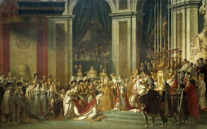 'Consagração do Imperador Napoleão I (1769-1821) e coroação da Imperatriz Josefina (1763-1814), na Catedral de Notre Dame, 2 de dezembro de 1804'. Pintura de Jacques-Louis David (1748-1825), óleo sobre tela (621x979 cm), 1806. Museu do Louvre, Paris, França.