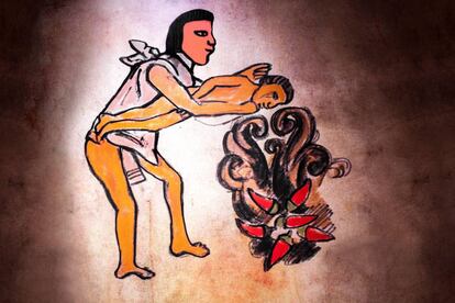 Una pira de chiles en un pictograma azteca del Museo del Pimentón, en Jaraíz de la Vera