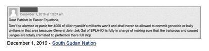 Un partidario de la oposición afirma que un general de sus fuerzas armadas está a cargo de “asegurar que los traidores y cobardes jenges [dinka] sea totalmente cremados a la perfección” en el sur del país. Capturas de redes sociales y páginas web realizadas por PeaceTech Lab Africa.