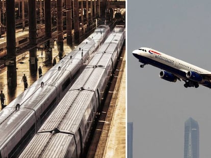 A la izquierda, la estación de Atocha (Madrid). A la derecha, un avión despega del Aeropuerto de Barajas (Madrid). 