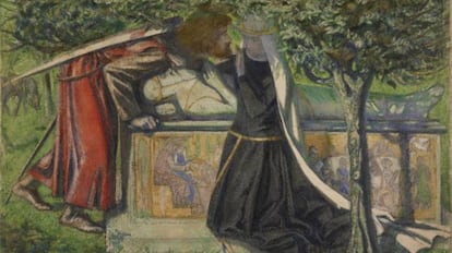 Lancelot y Ginebra pr&oacute;ximos a besarse sobre la tumba de Arturo. Acuarela,(1855).