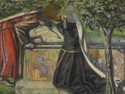 Lancelot y Ginebra pr&oacute;ximos a besarse sobre la tumba de Arturo. Acuarela,(1855).