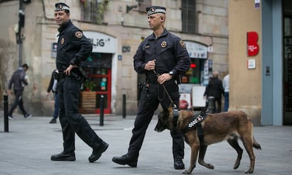 Agentes de la Unidad canina de la Guardia Urbana, este miércoles, en El Raval.