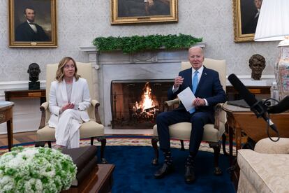 Italian Prime Minister Giorgia Meloni (L) and US President Joe Biden meet in the White House in Washington, DC, USA, 01 March 2024