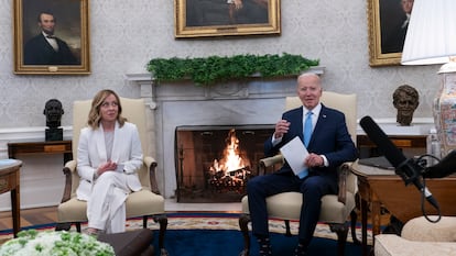 Italian Prime Minister Giorgia Meloni (L) and US President Joe Biden meet in the White House in Washington, DC, USA, 01 March 2024.