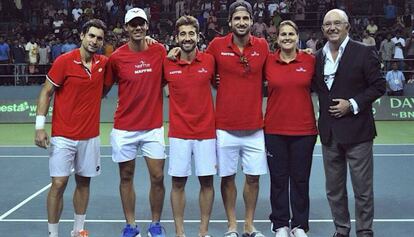 El equipo español de Copa Davis, tras el ascenco al Grupo Mundial.