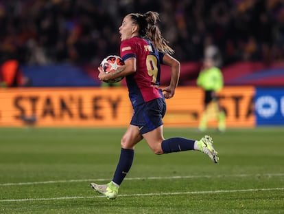Claudia Pina, del FC Barcelona Femenino, celebra un gol durante el partido de Champions League ante el Manchester City el pasado 18 de diciembre de 2024.